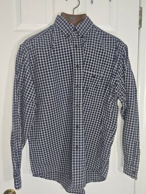 Eddie Bauer Blue and Tan Plaid Button-Down Shirt Office BBQ Casual